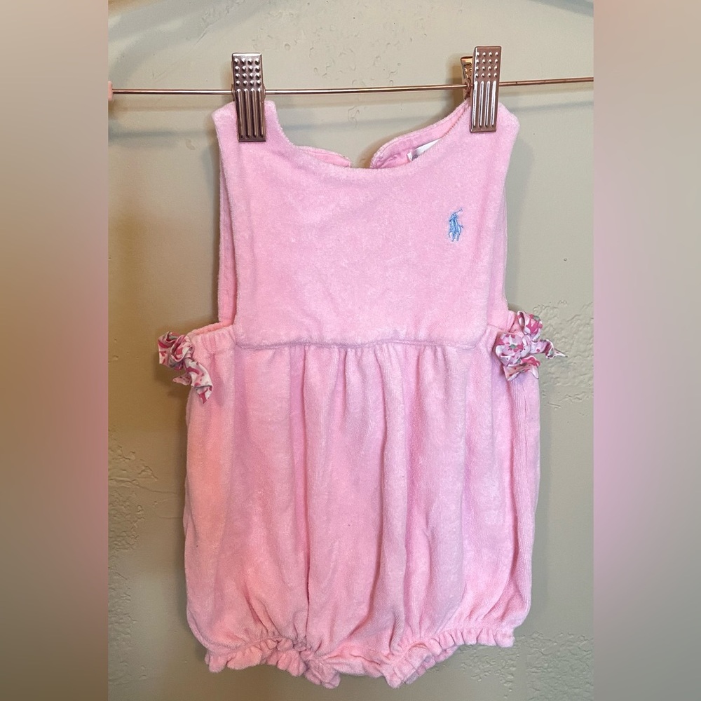pink terry cloth body suit Ralph Lauren with 3 button closure on back and bottom